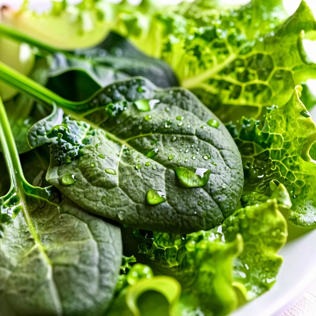 Imagine de aproape cu legume verzi proaspete precum spanac, kale și salată, cu picături de apă