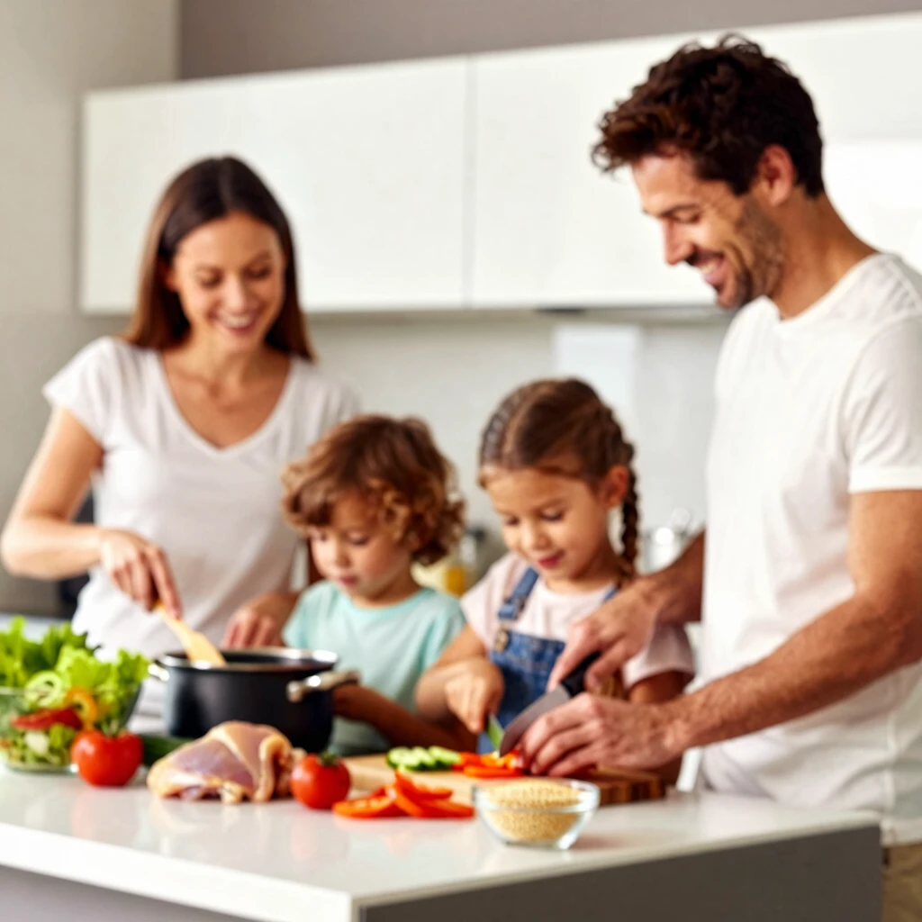 Familie ocupată pregătind împreună o cină sănătoasă în bucătărie