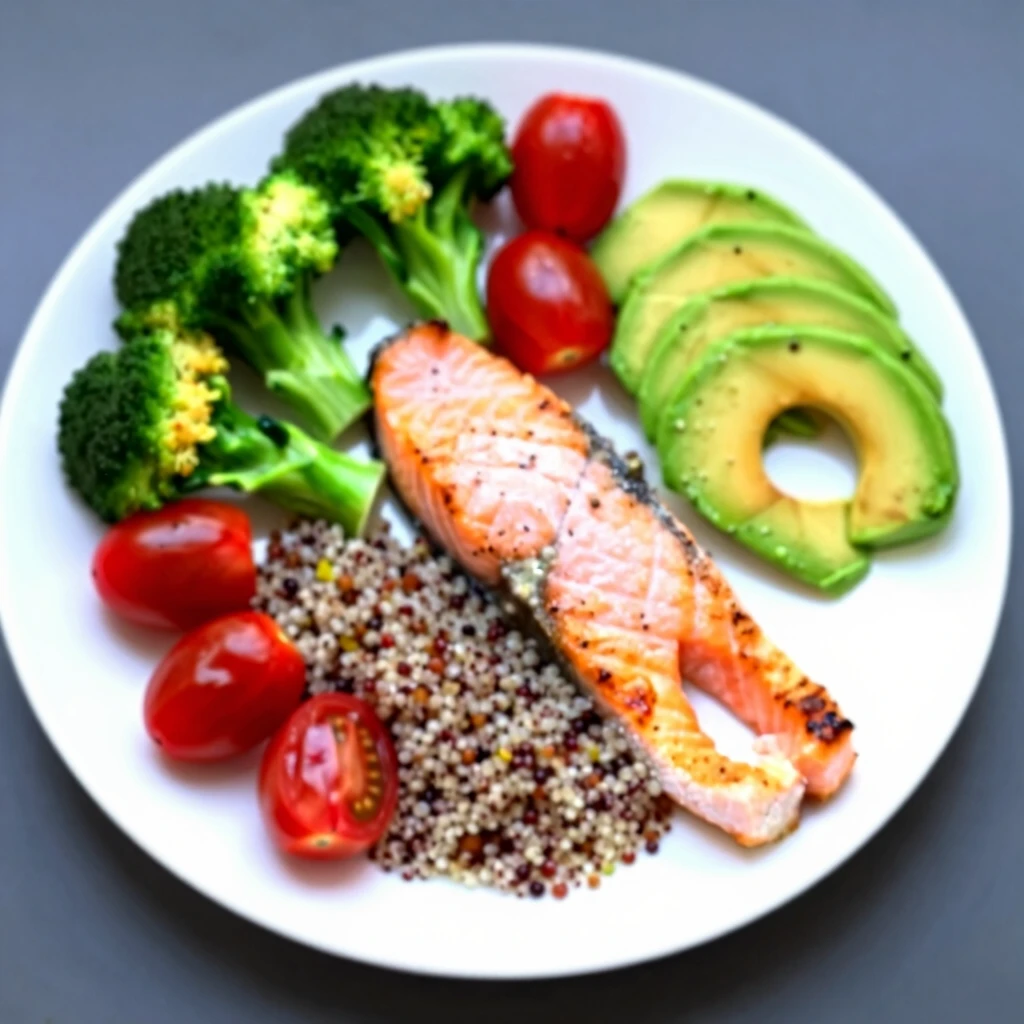 Farfurie echilibrată cu somon grill, quinoa, broccoli aburit, roșii cherry și felii de avocado