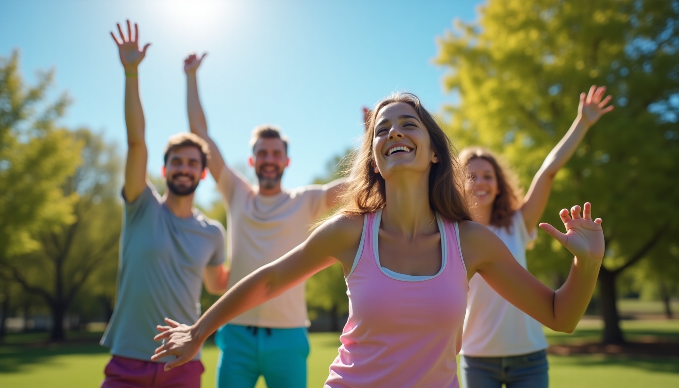 Prietenii fac exerciții împreună în parc
