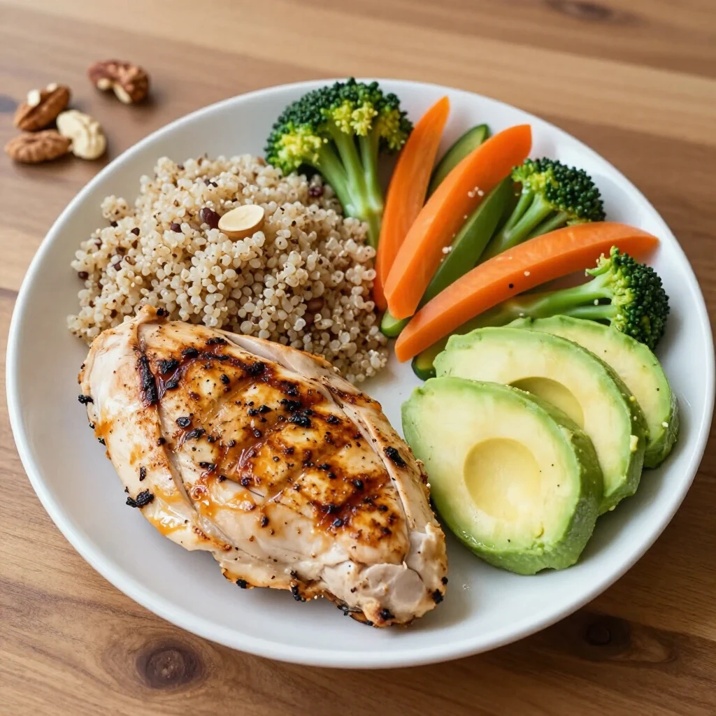 Farfurie echilibrată cu pui grillat, quinoa, avocado și legume colorate – exemplu perfect de masă pentru fitness
