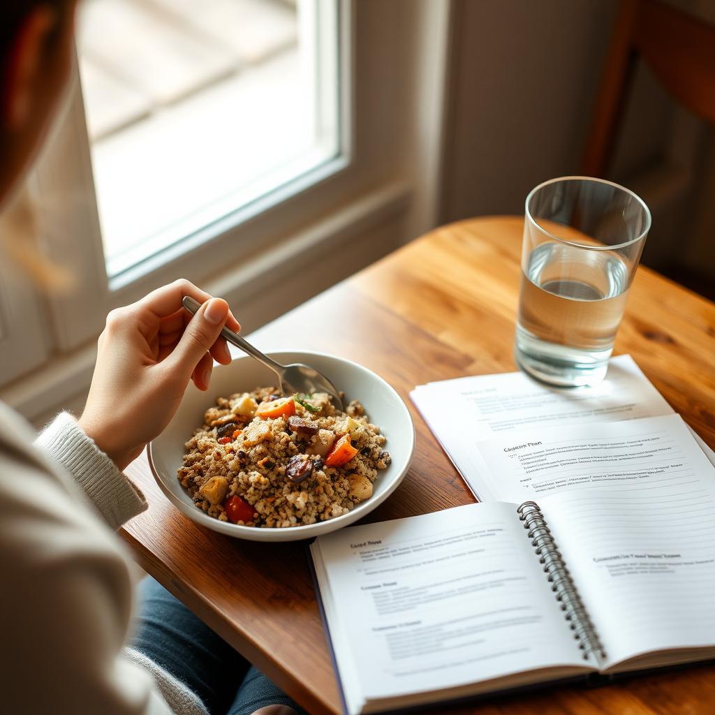 O persoană mănâncă conștient un bol cu quinoa și legume coapte, la o masă confortabilă, cu un pahar de apă alături. Lumina naturală și un caiet deschis creează o atmosferă calmă și reflexivă.