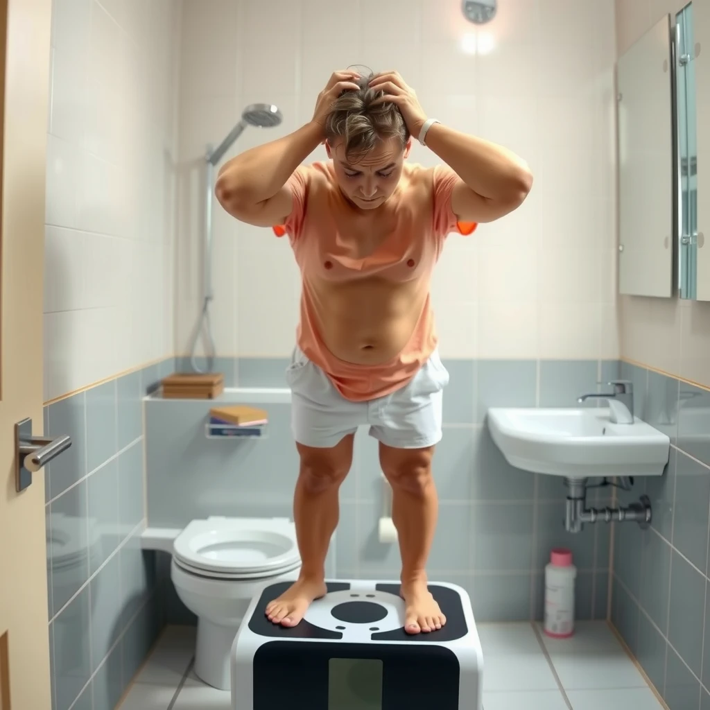 O persoană obosită și frustrată stând pe cântar în baie, ilustrând dificultățile în slăbit cauzate de lipsa somnului
