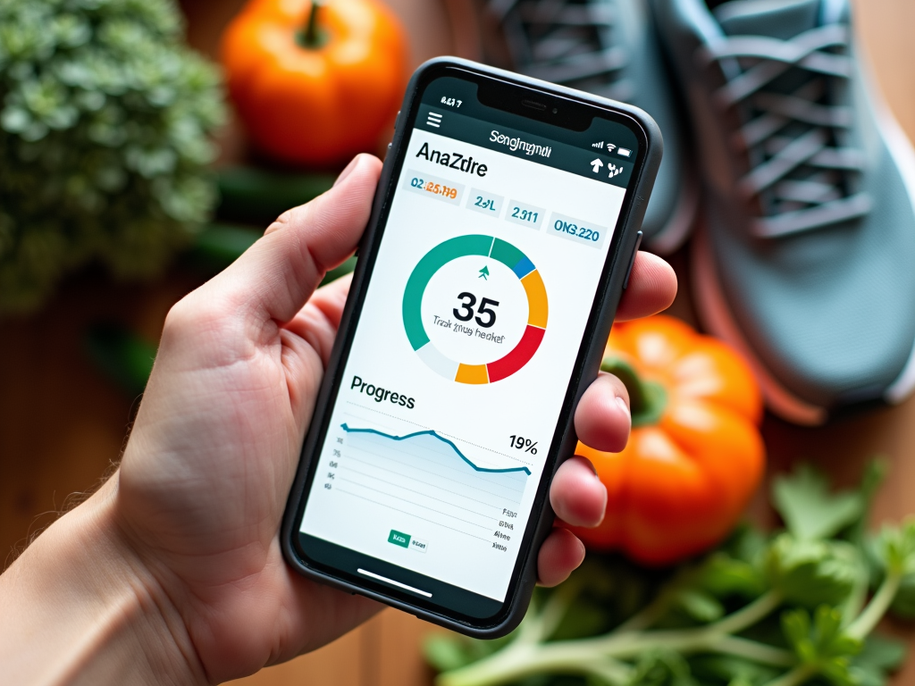 Smartphone afișând o aplicație de fitness cu un grafic de progres, înconjurat de alimente sănătoase și o pereche de pantofi de alergare, simbolizând integrarea tehnologiei în călătoria de slăbit.