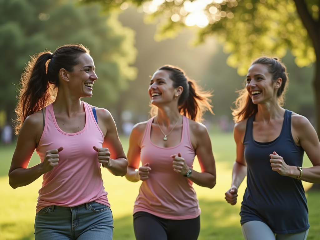 Un grup de prieteni care fac exerciții împreună în parc, râzând și încurajându-se reciproc.