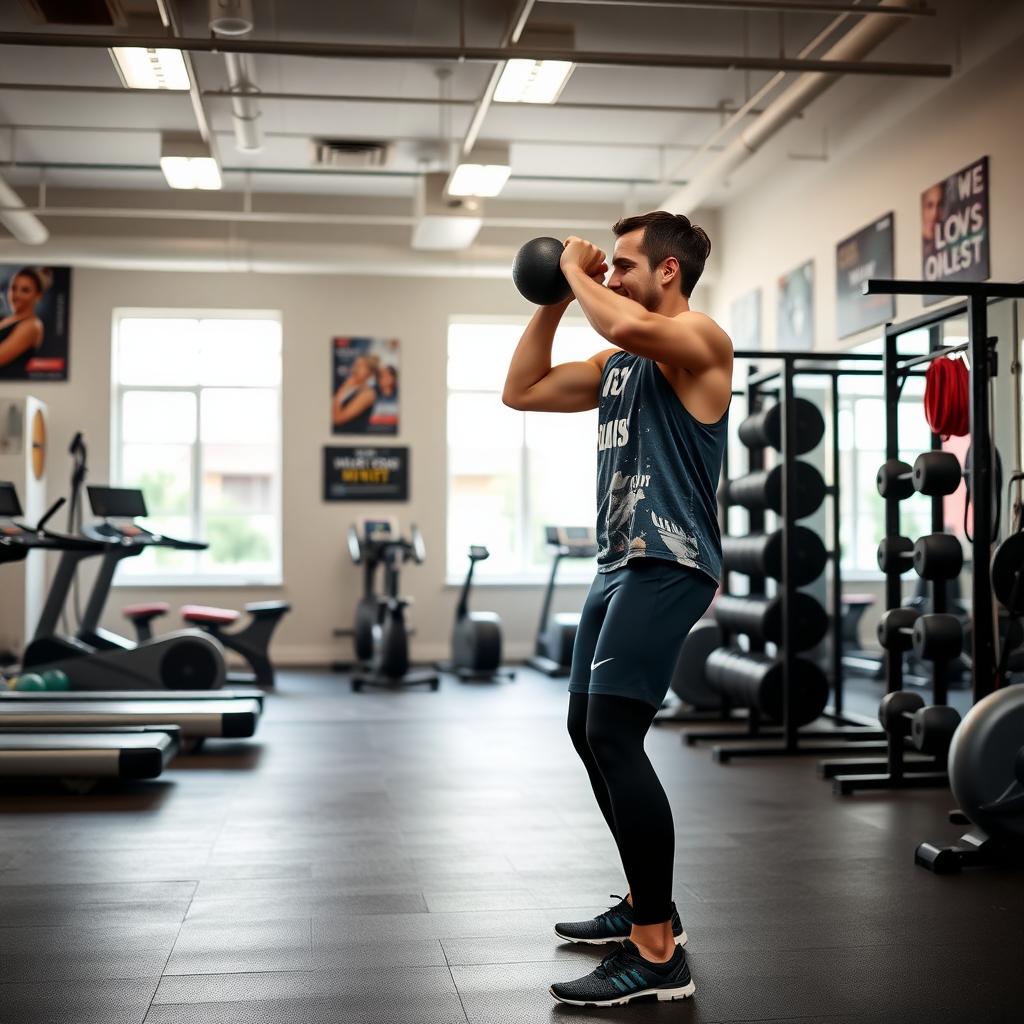 Scenă dinamică de sală de sport cu o persoană care face un antrenament HIIT cu o greutate kettlebell, într-o sală modernă și bine iluminată.