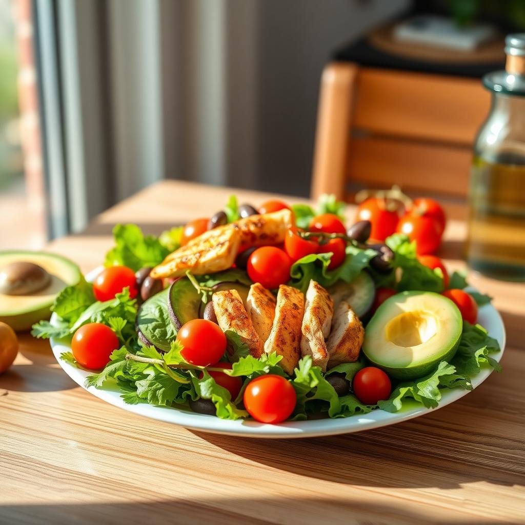 Masă sănătoasă cu salată colorată, pui la grătar și avocado, aranjată pe o masă din lemn.