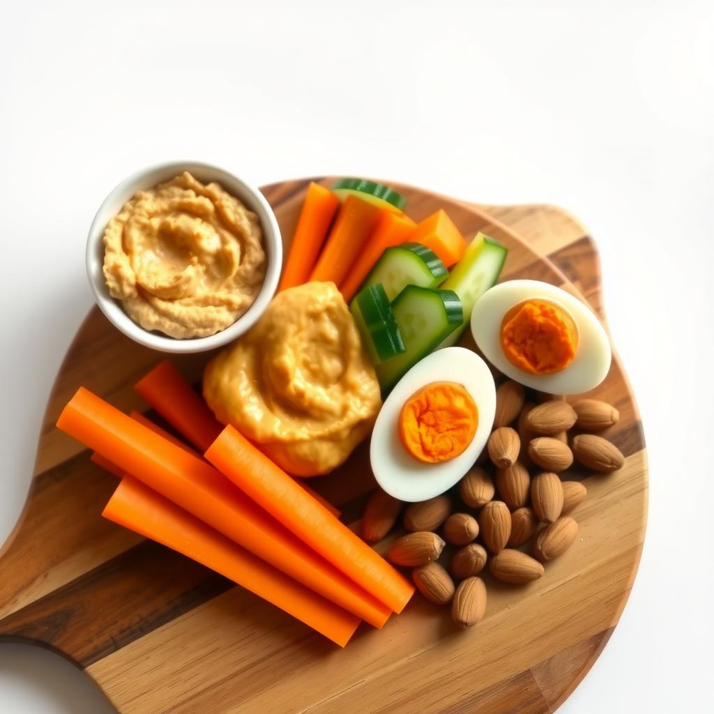 Platou cu gustări sănătoase, incluzând humus, bețe de morcovi și castraveți, un ou fiert tăiat pe jumătate și o mână de migdale, pe o placă de lemn.