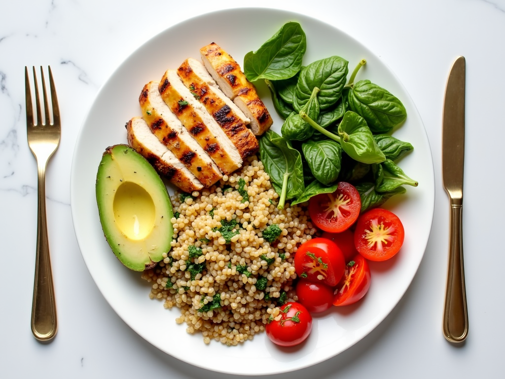 O farfurie cu alimente sănătoase, inclusiv pui la grătar, quinoa, avocado și legume aburite.