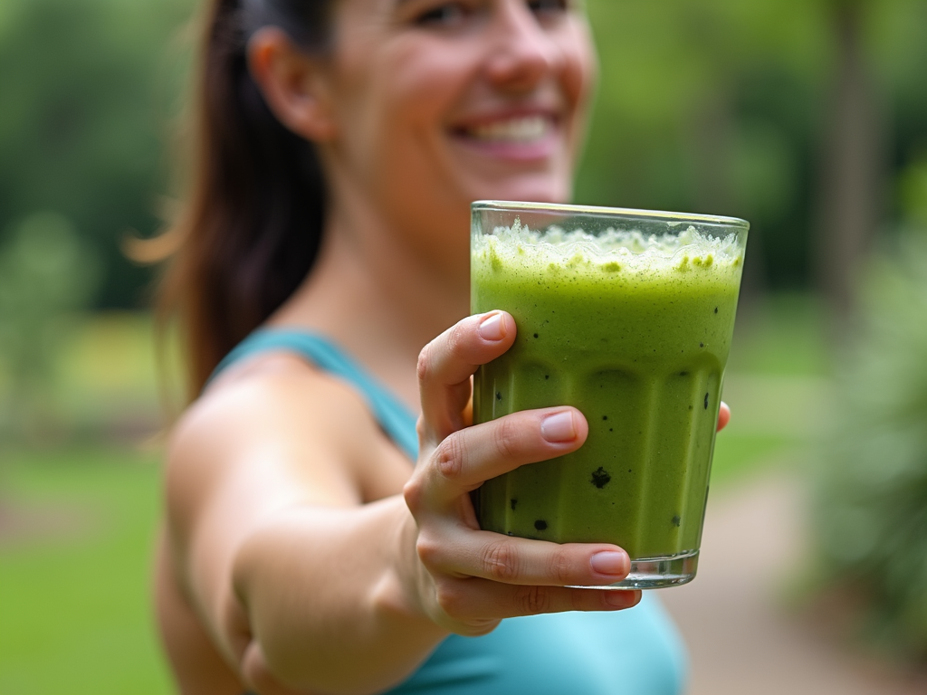 Persoană cu smoothie verde în natură