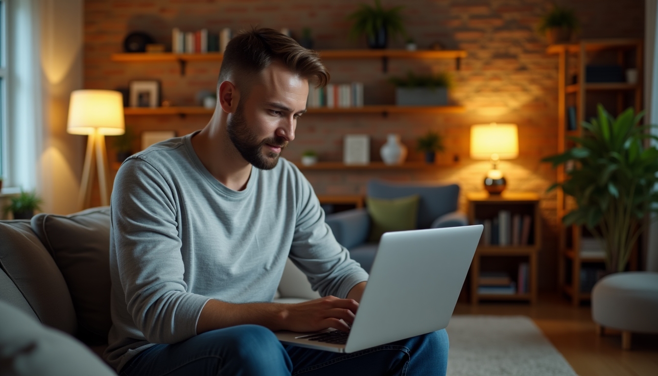 Un bărbat lucrând la laptop, cercetând programe de slăbit online.