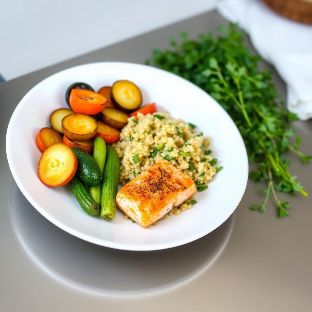 O farfurie mică cu legume la grătar, quinoa și somon, pe o masă de lemn cu ierburi proaspete.