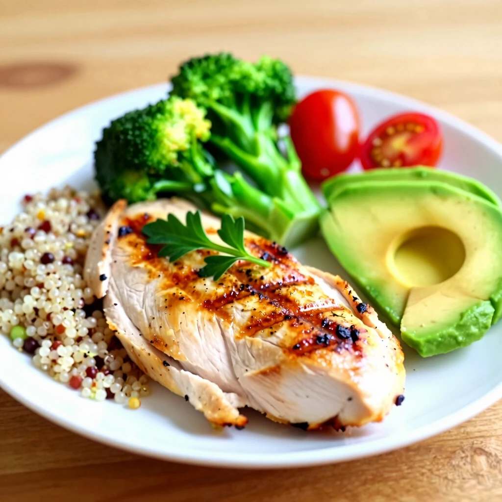 Masă echilibrată cu piept de pui la grătar, quinoa, broccoli aburit și avocado, garnisită cu ierburi proaspete.