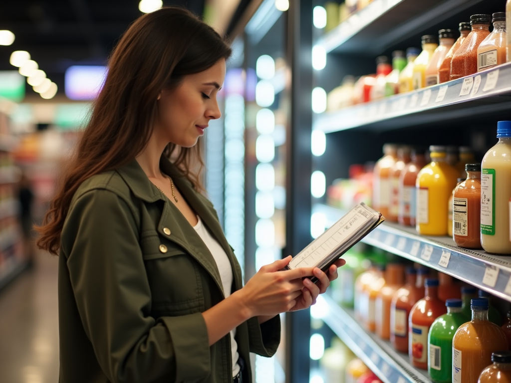 Persoană care citește etichetele alimentelor într-un magazin alimentar