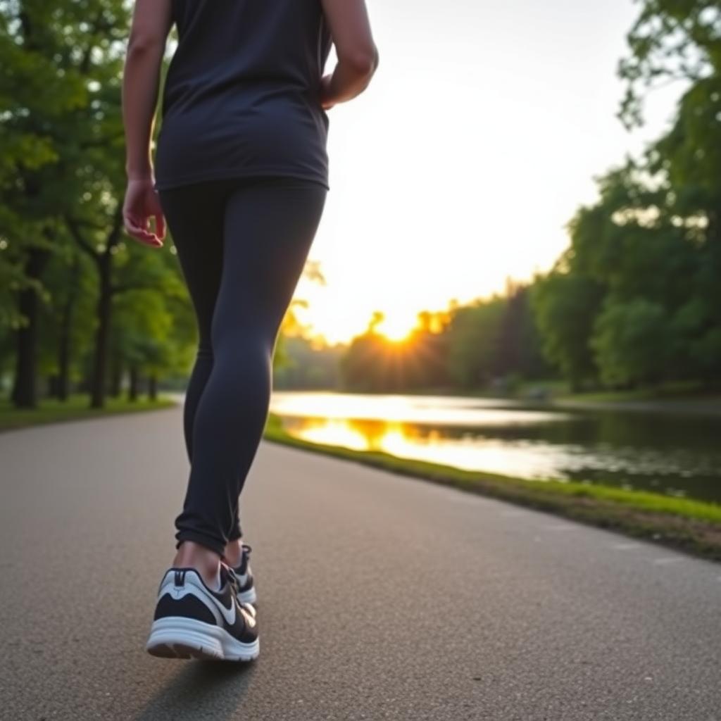 O persoană care merge într-un parc liniștit la apus, înconjurată de copaci verzi și un lac calm, purtând haine sport confortabile și adidași.