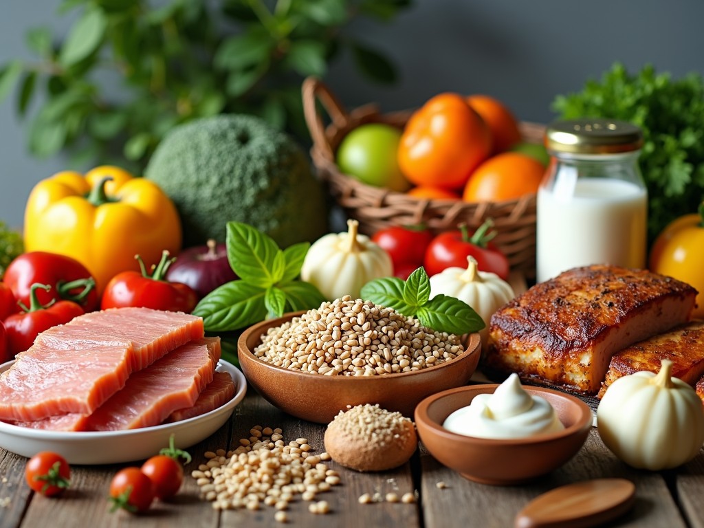 Un mâncăruri variate pe o masă, reprezentând un echilibru nutritiv.