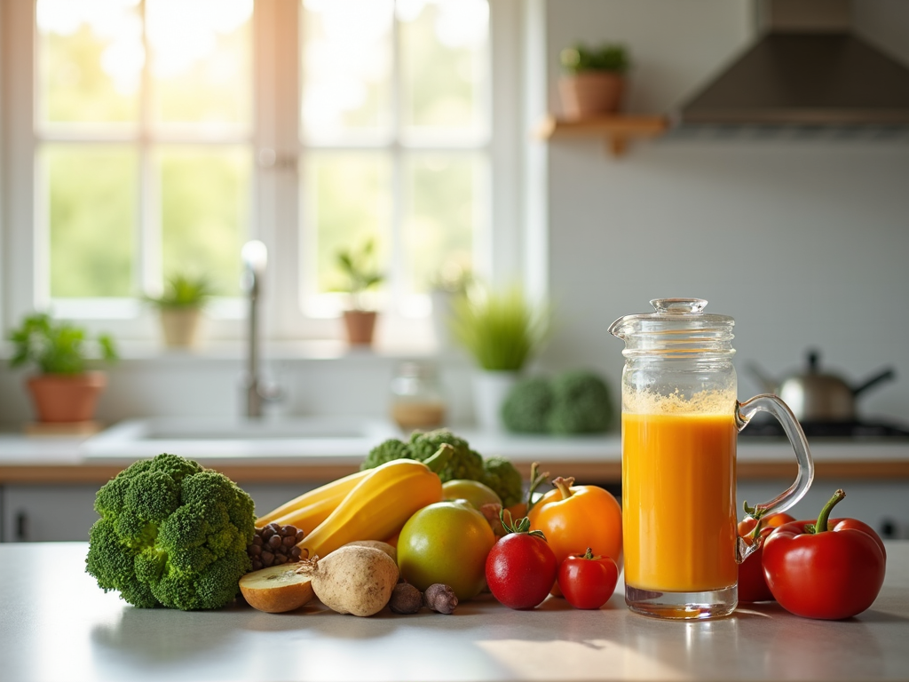 Bucătărie luminoasă cu fructe și legume proaspete pe blat, pregătite pentru un smoothie sănătos.