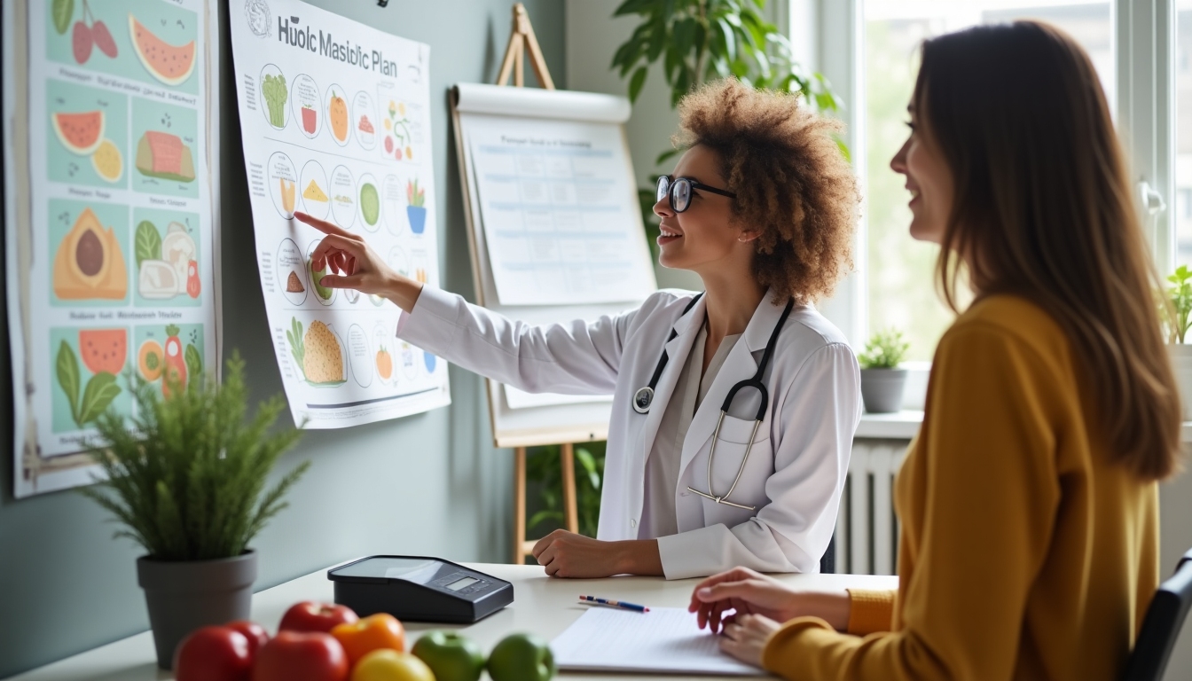 Nutritionist consulting with a client about diet plans with charts and measurement tools on the table.