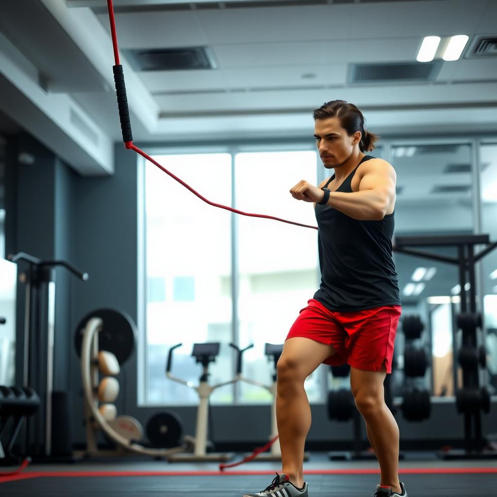 Persoană care face sărituri cu coarda într-o sală de fitness modernă, purtând un maiou negru și pantaloni scurți roșii, cu sudoare vizibilă pe frunte.