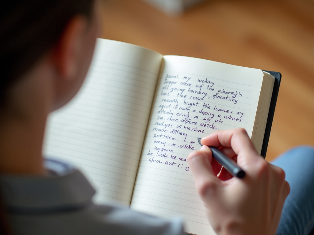 Persoană scriind într-un jurnal despre călătoria de menținere a greutății.
