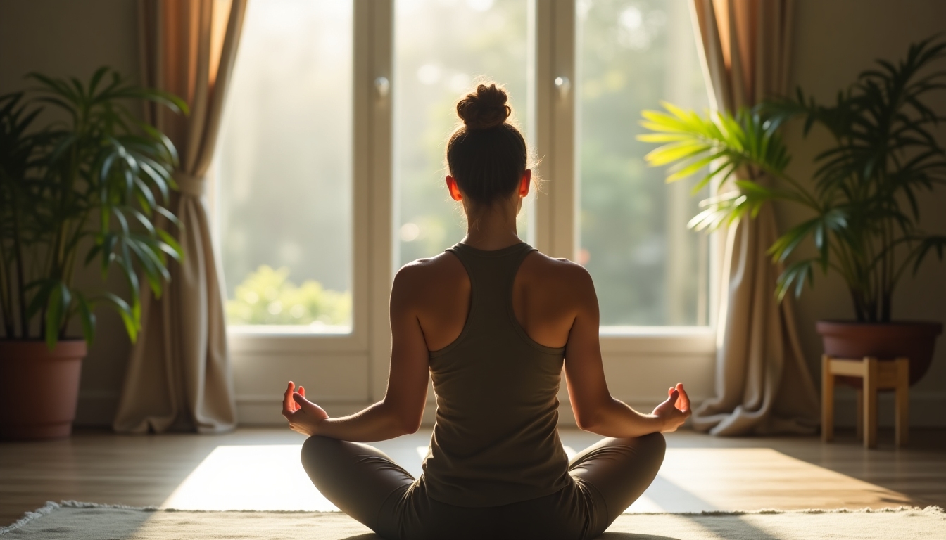 O persoană așezată într-o postură meditativă, contemplând călătoria sa în yoga. Imaginea ar trebui să transmită un sentiment de introspecție și luare a deciziilor.