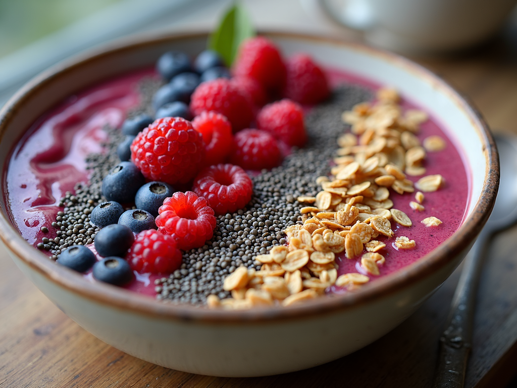 Bol cu smoothie colorat, decorat cu fructe de pădure proaspete, semințe de chia și granola.