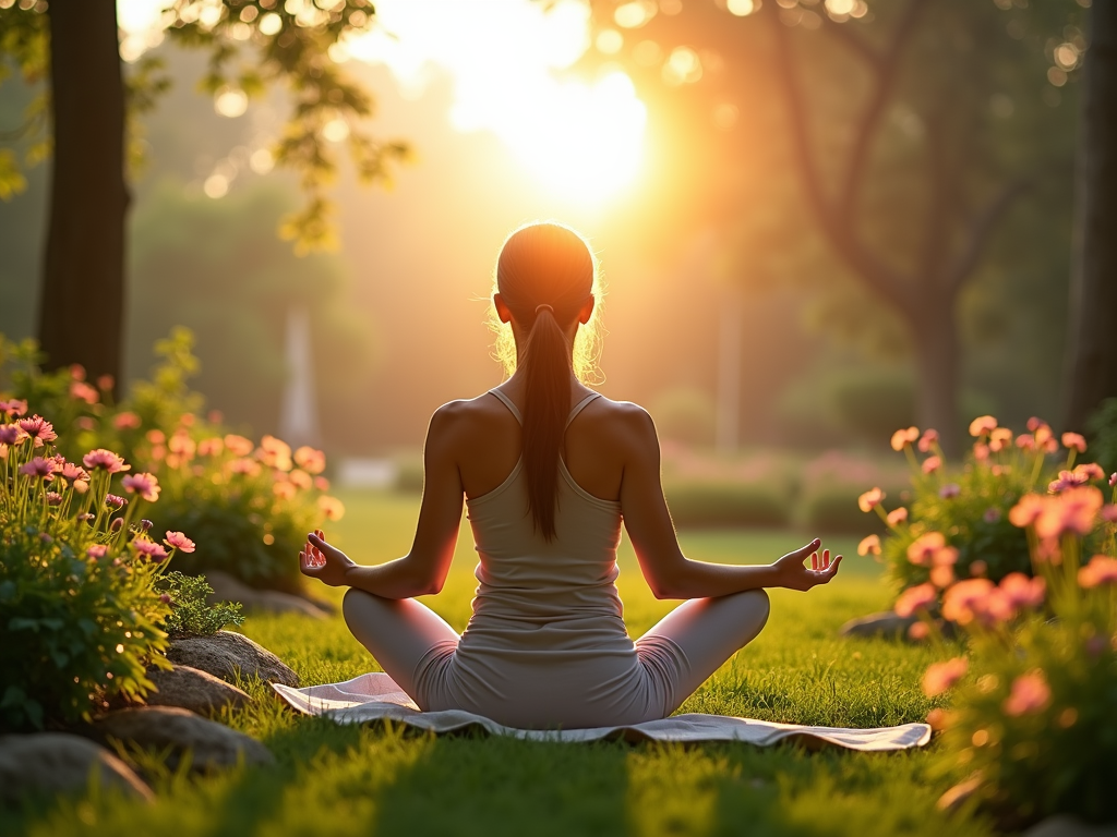 Persoană meditând într-un peisaj senin, simbolizând armonia dintre corp și minte într-un stil de viață sănătos.
