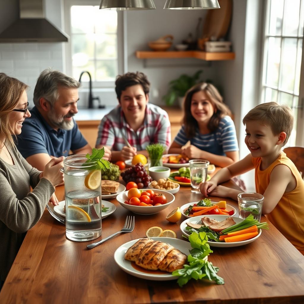 O familie fericită savurând o masă sănătoasă la o masă din lemn, cu legume proaspete, pui la grătar și pâine integrală.