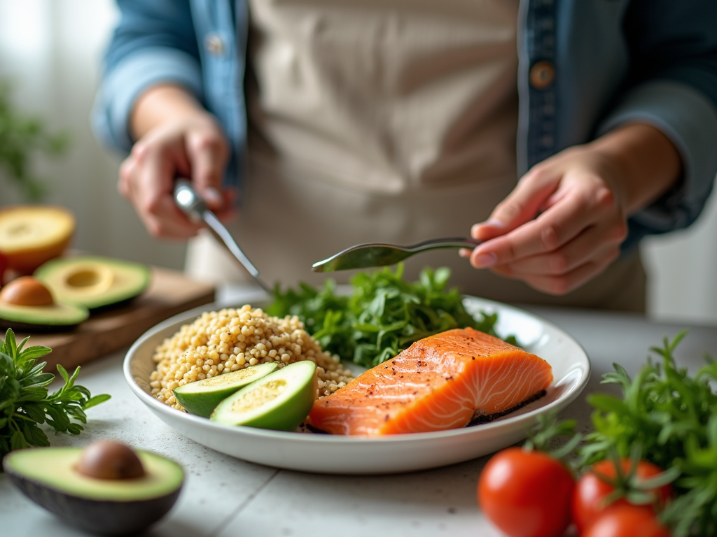 O persoană pregătește o masă sănătoasă cu ingrediente proaspete precum somon, avocado și quinoa, subliniind importanța alimentelor bogate în nutrienți într-o dietă de slăbit.