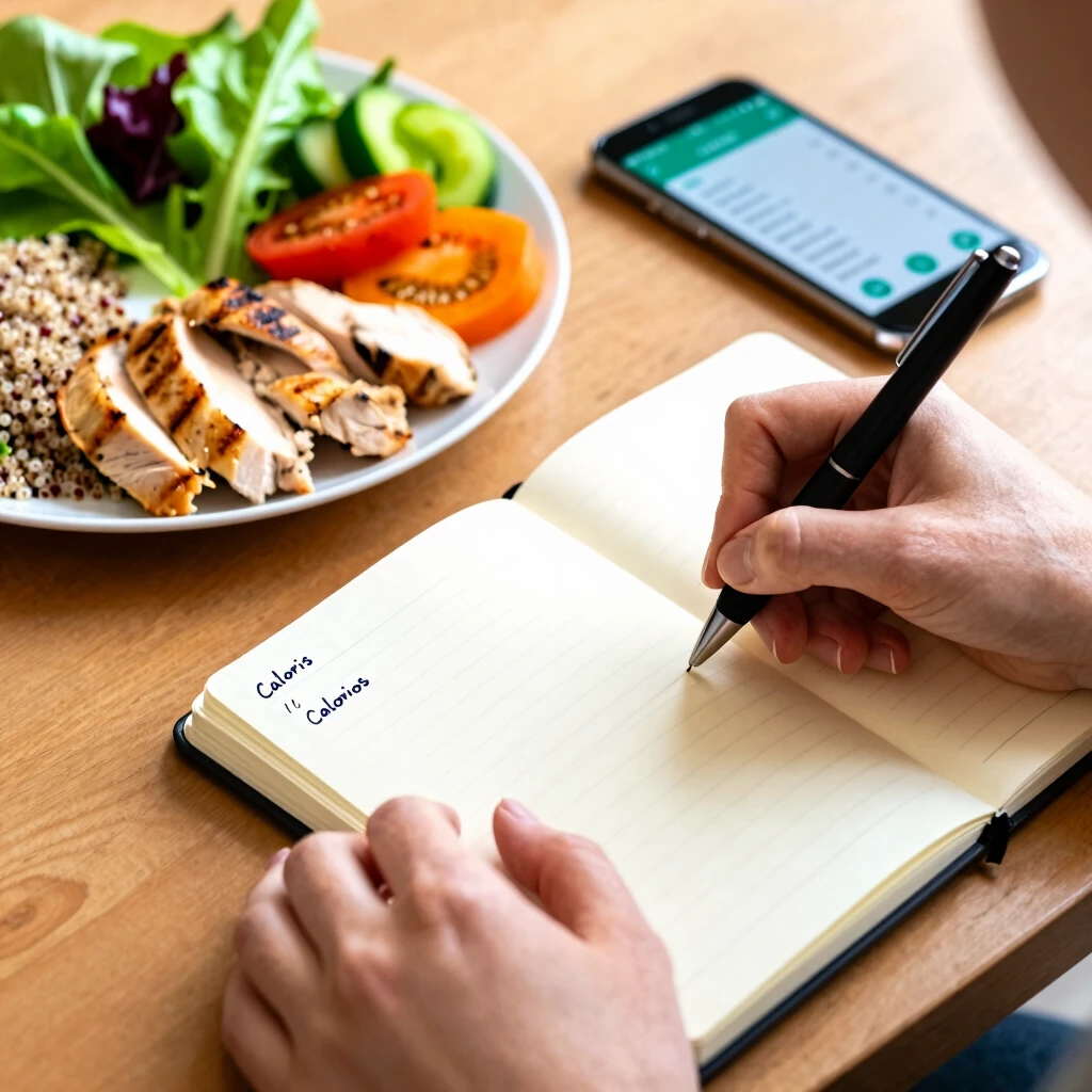 Mâini scriind într-un jurnal alimentar lângă o farfurie cu mâncare sănătoasă echilibrată și un telefon cu aplicație de monitorizare calorii