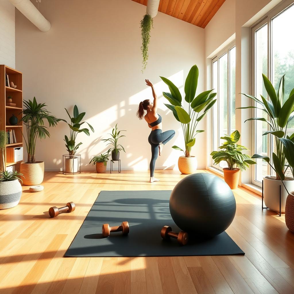 Persoană care practică yoga într-o cameră luminoasă cu echipament de fitness