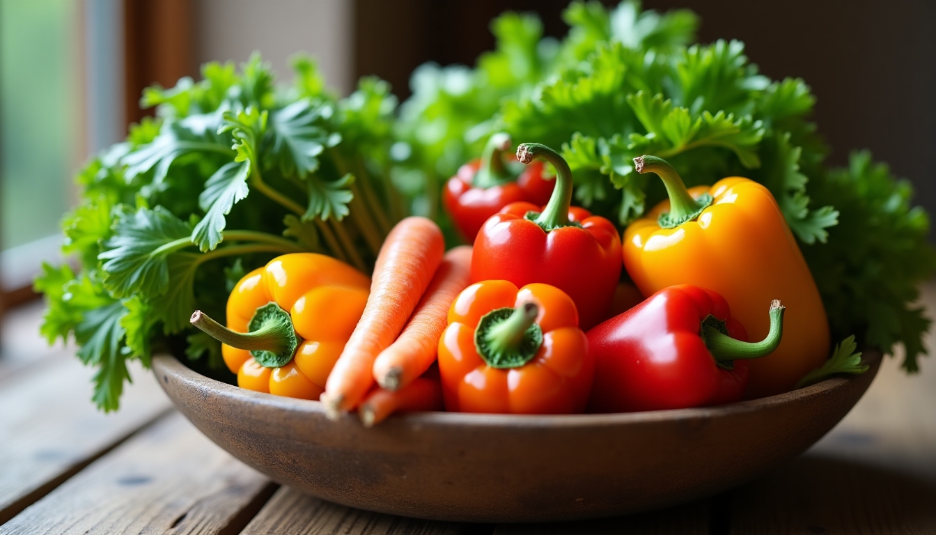 Imagine cu un bol plin de legume proaspete, colorate, reprezentând o alimentație sănătoasă.