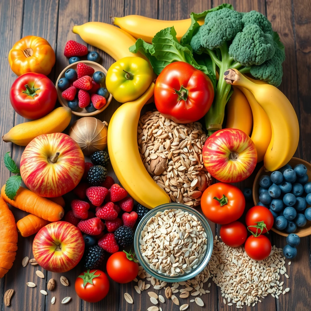 Varietate de fructe proaspete, legume, nuci și cereale integrale aranjate frumos pe masă
