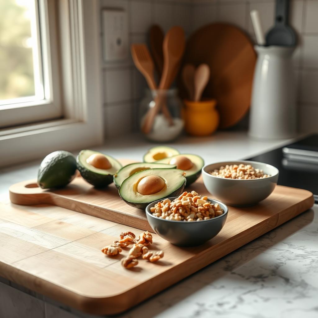 Imagine cu un blat de bucătărie confortabil, pe care se află o placă de lemn cu felii de avocado, nuci și un bol mic cu quinoa, luminat de lumina naturală a ferestrei.