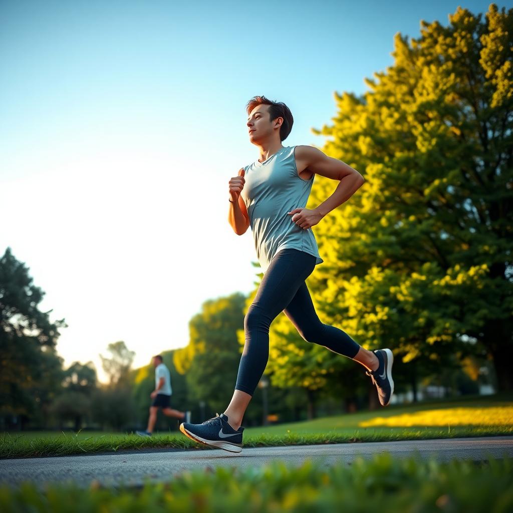 Persoană care aleargă în aer liber într-un parc dimineața devreme, purtând haine sportive confortabile și pantofi de alergare, cu copaci verzi și cer albastru pe fundal.