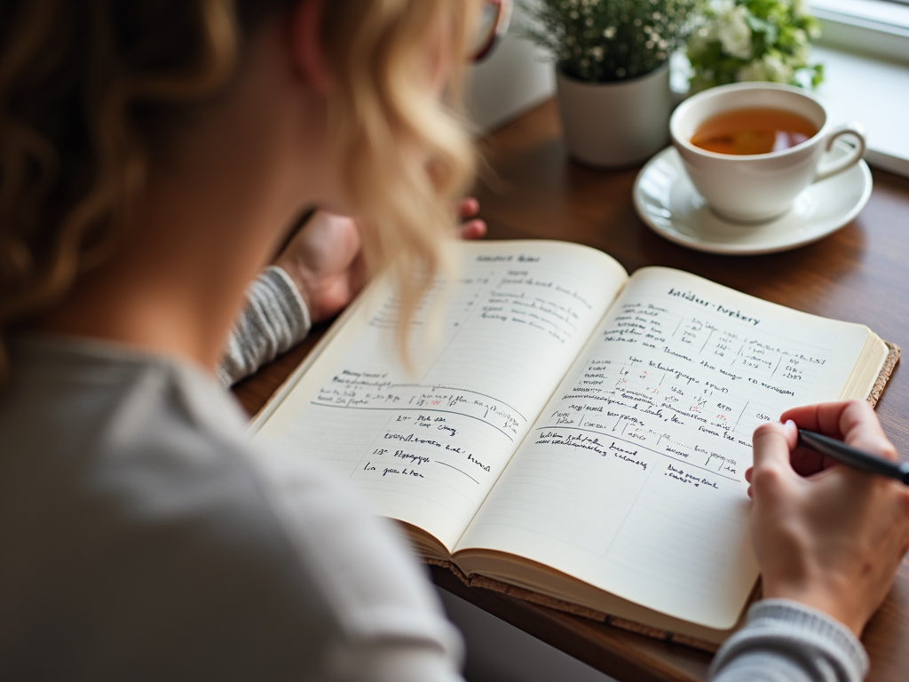 Persoană scriind într-un jurnal, subliniind importanța monitorizării progresului în slăbire.