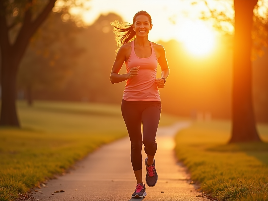 Imagine cu o persoană care aleargă într-un parc la răsărit, purtând pantofi sport confortabili și zâmbind, evidențiind bucuria exercițiului fizic în slăbit.