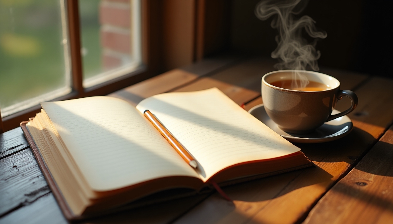 Imagine cu un jurnal deschis pe o masă, alături de un creion și o cană de ceai.