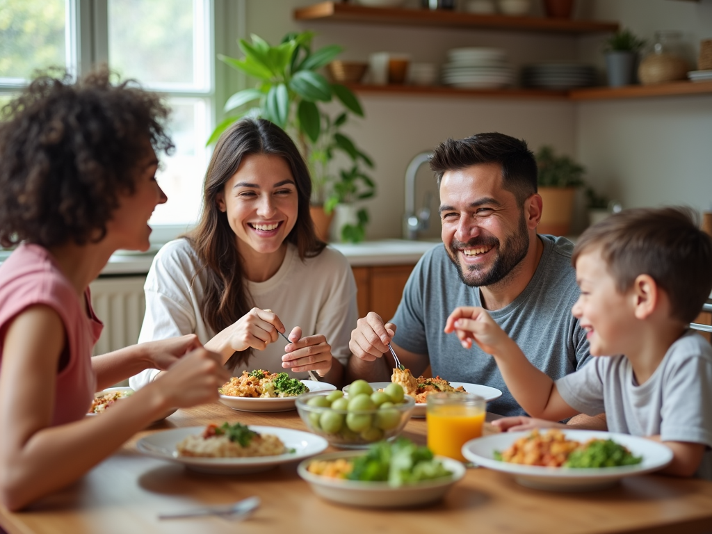 Familie bucurându-se de o masă sănătoasă împreună