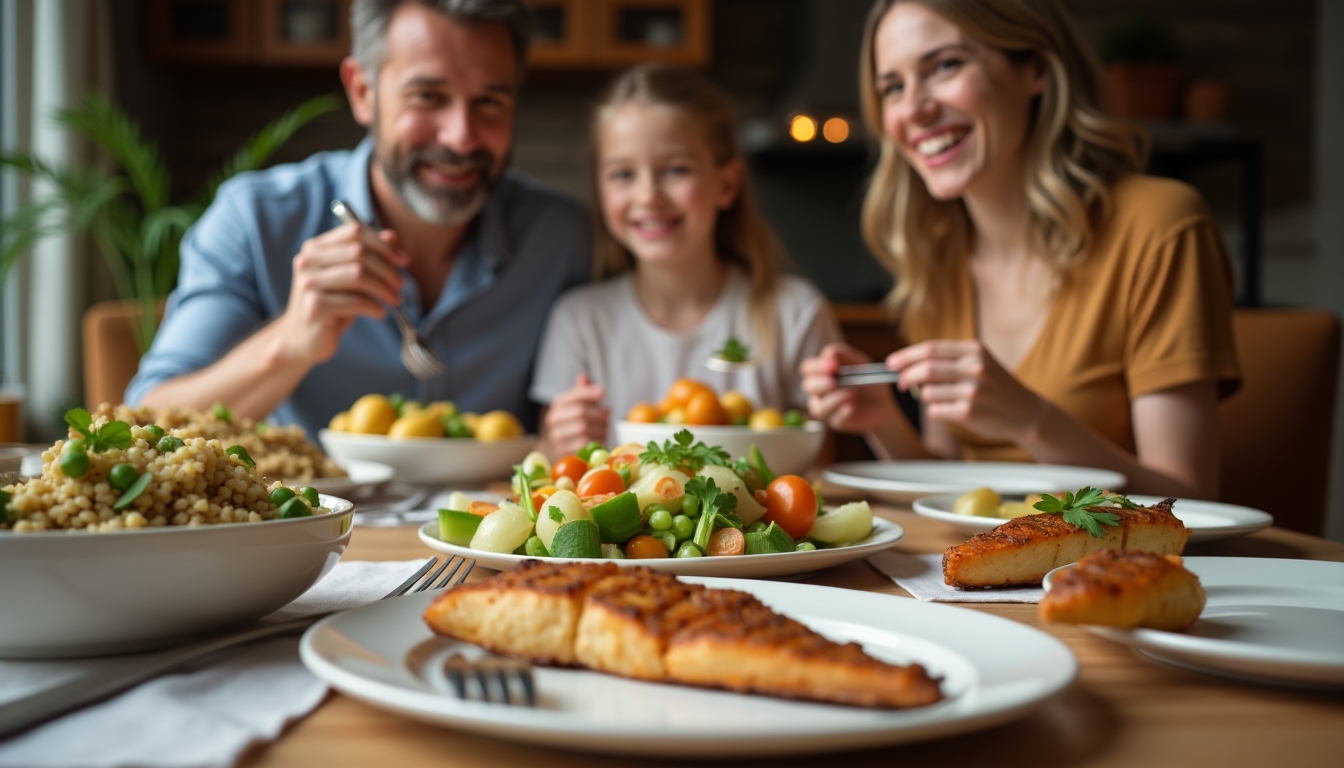 Familie savurând o cină sănătoasă cu pește la grătar, legume aburite și salată de quinoa