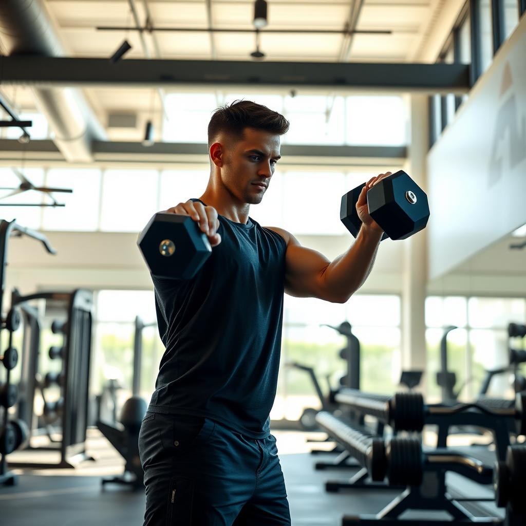 Persoană care ridică gantere într-o sală de fitness modernă, cu lumină naturală și echipamente variate în fundal.