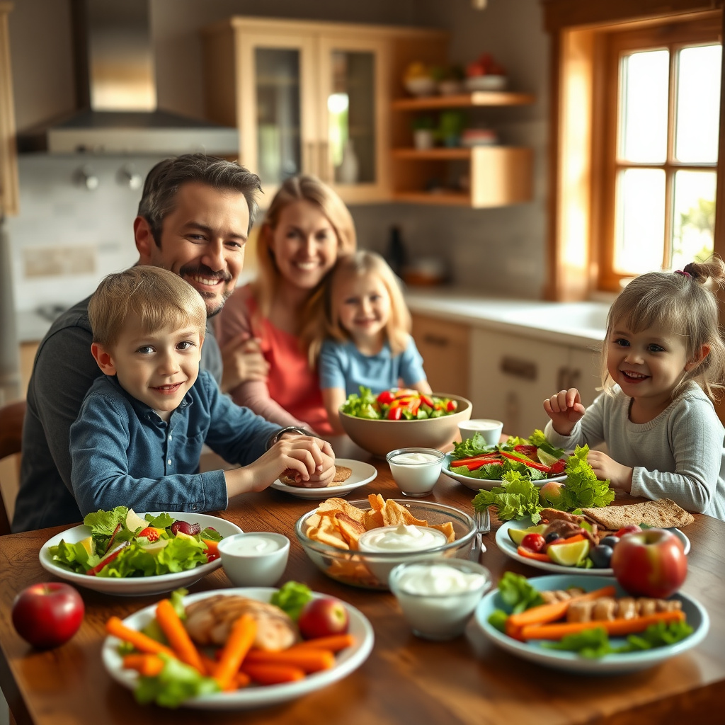 Familie fericită la masă cu alimente sănătoase