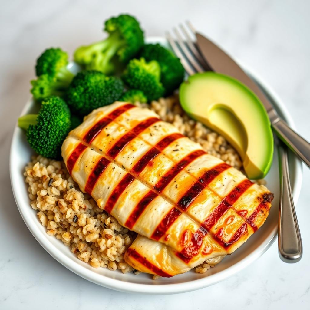 Farfurie albă cu o masă echilibrată, formată din piept de pui la grătar, quinoa, broccoli aburit și o felie mică de avocado.
