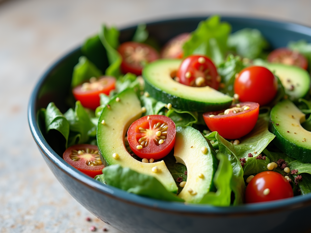Bol cu salată colorată, incluzând verdețuri, roșii cherry, felii de castravete și avocado, cu un dressing ușor.