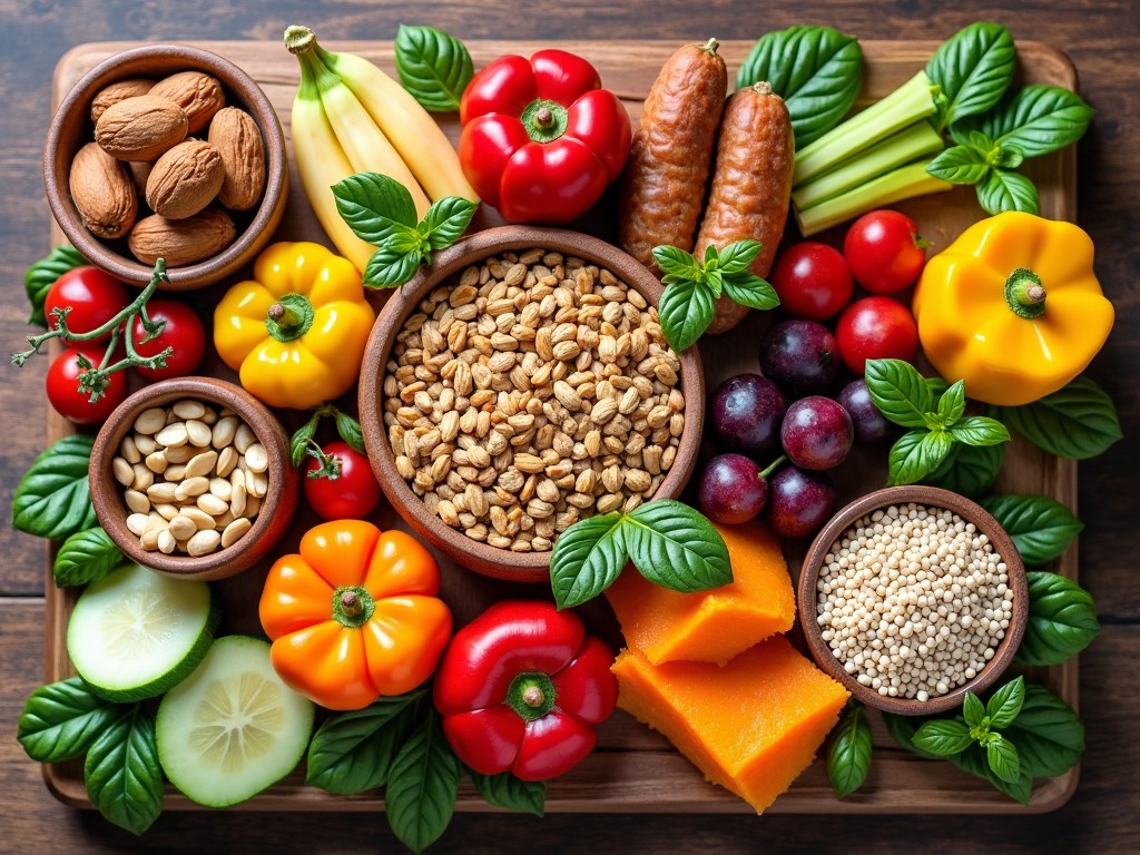 O masă colorată cu mai multe tipuri de alimente sănătoase dispunse atrăgător pe o masă din lemn.