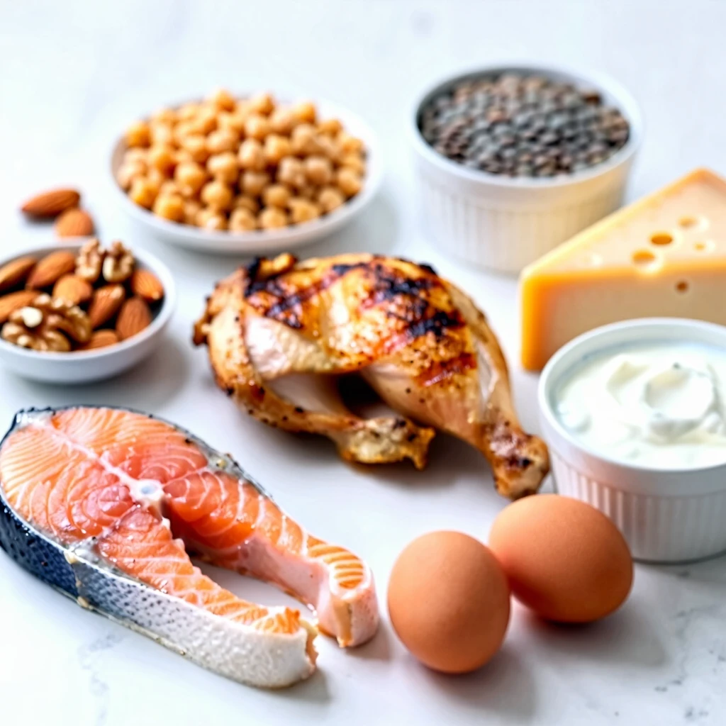 Diverse alimente bogate în proteine aranjate frumos: pui, somon, ouă, iaurt, brânză, leguminoase și nuci