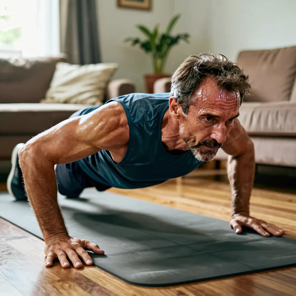 Bărbat făcând mountain climbers acasă pe covor