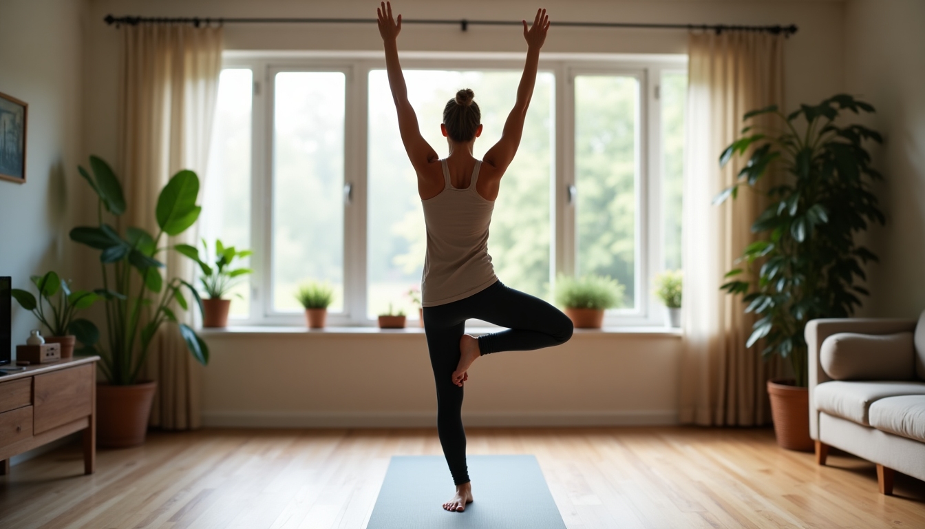 Persoană practicând postura Muntelui (Tadasana) într-o cameră luminoasă și primitoare