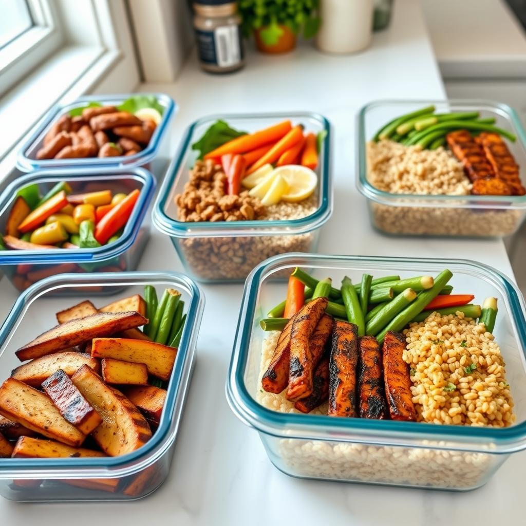 Containere cu mese sănătoase pregătite pentru o săptămână, conținând legume la grătar, carne slabă și cereale integrale, așezate pe un blat de bucătărie iluminat natural.