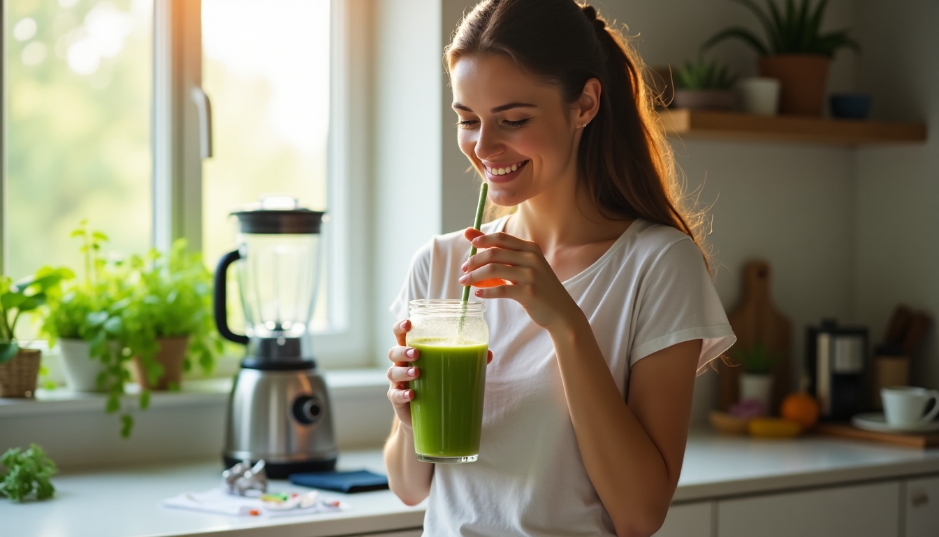 Persoană savurând un smoothie natural verde